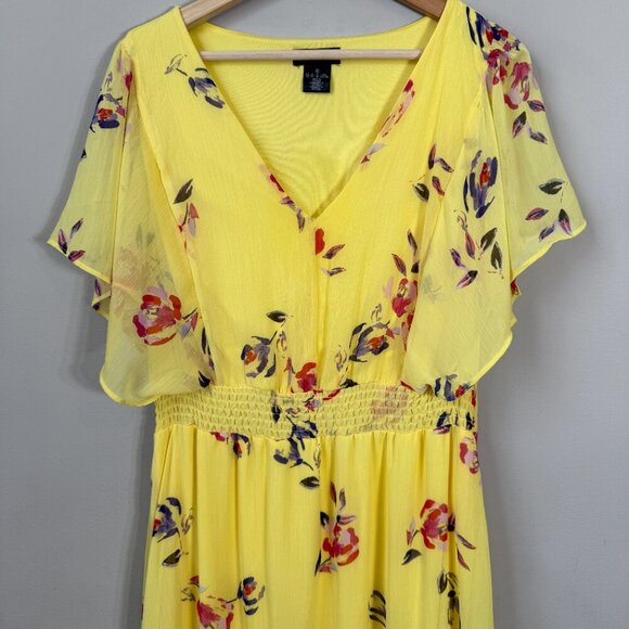 DKNY Shirred Floral Print Crepon Midi Dress Womens 14 Yellow Flutter Sleeve Chic - Picture 7 of 13